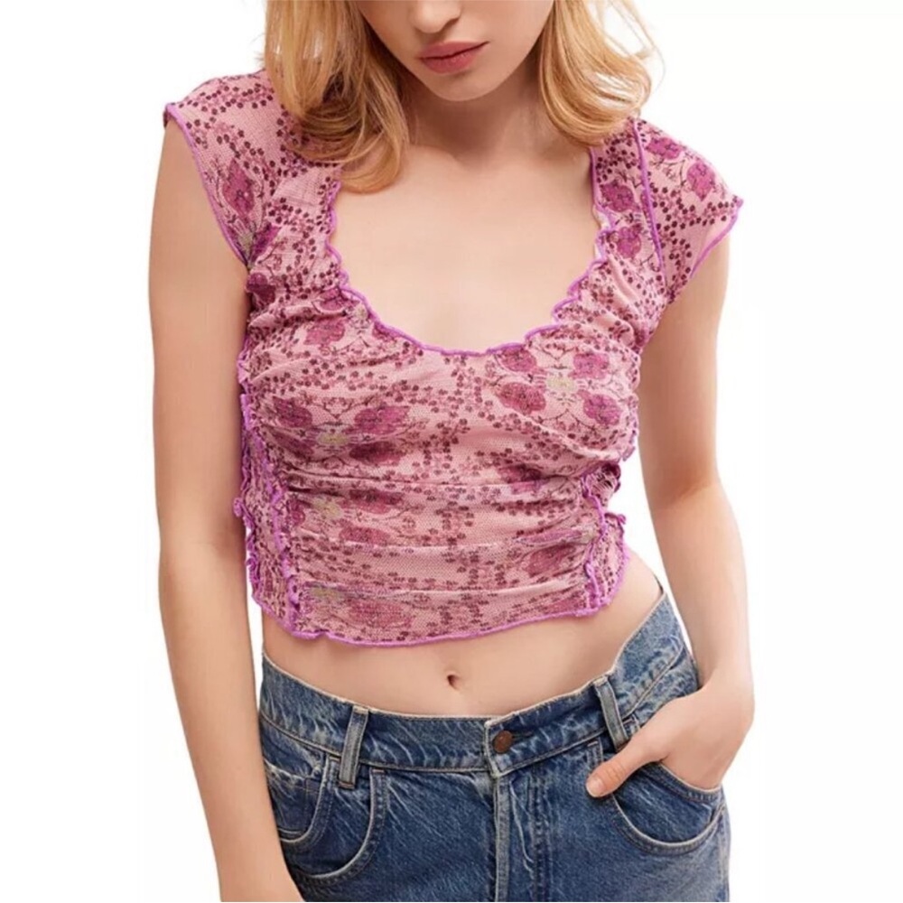 Free People Oh My Baby Mesh Pink Floral Crop Top